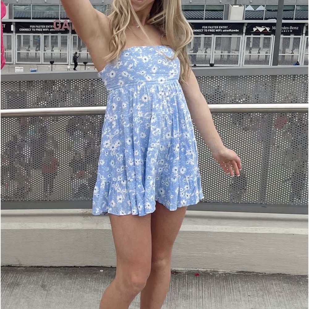 Blue strapless mini dress